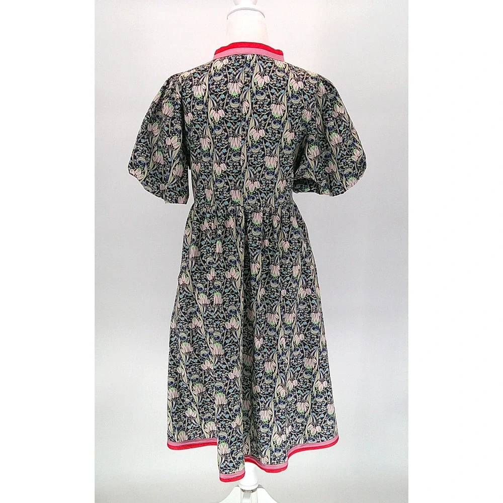 Women's Floral Print Midi Dress Sz M Voy Puff Sleeve Boho Chic Navy Pink Casual - Picture 6 of 11